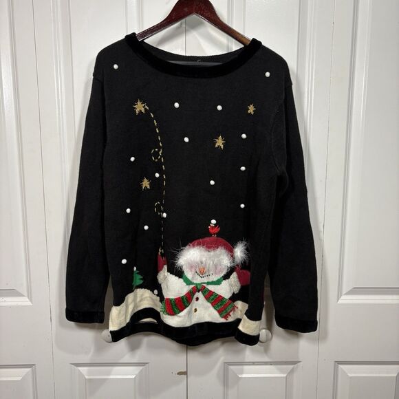 Quacker Factory Snowman Sweater Womens XL Ugly Christmas Black Fuzzy Festive Fun - Picture 1 of 7